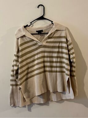 House of Harlow Cream and Olive Striped Collared Sweater
